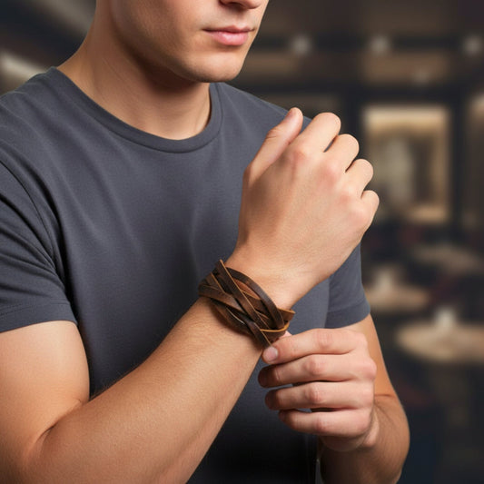 THE MEN THING Leather Bracelet NOMAD WEAVE - 40mm Brown Genuine Leather Adjustable Bracelet for Men & Boys (9.5 inch)