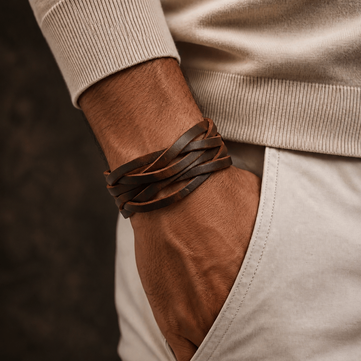 THE MEN THING Leather Bracelet NOMAD WEAVE - 40mm Brown Genuine Leather Adjustable Bracelet for Men & Boys (9.5 inch)