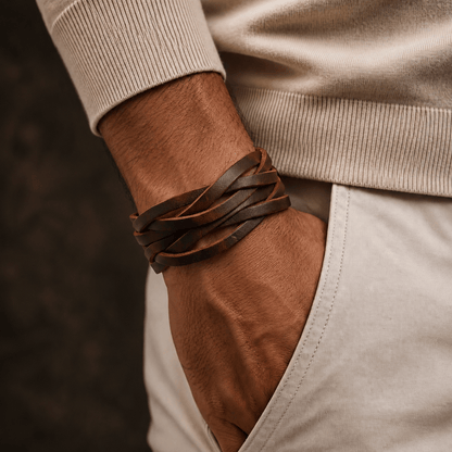 THE MEN THING Leather Bracelet NOMAD WEAVE - 40mm Brown Genuine Leather Adjustable Bracelet for Men & Boys (9.5 inch)