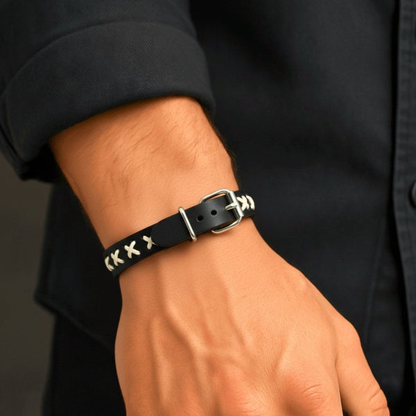 NOMAD X - 16mm Black Genuine Leather Adjustable Bracelet for Men & Boys (9 inch)