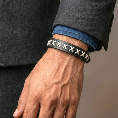 THE MEN THING Leather Bracelet NOMAD X - 16mm Black Genuine Leather Adjustable Bracelet for Men & Boys (9 inch)