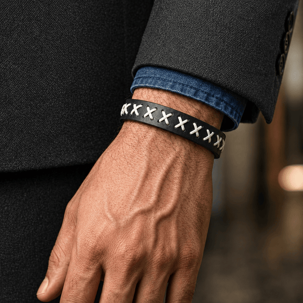 NOMAD X - 16mm Black Genuine Leather Adjustable Bracelet for Men & Boys (9 inch)