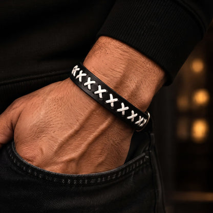 THE MEN THING Leather Bracelet NOMAD X - 16mm Black Genuine Leather Adjustable Bracelet for Men & Boys (9 inch)