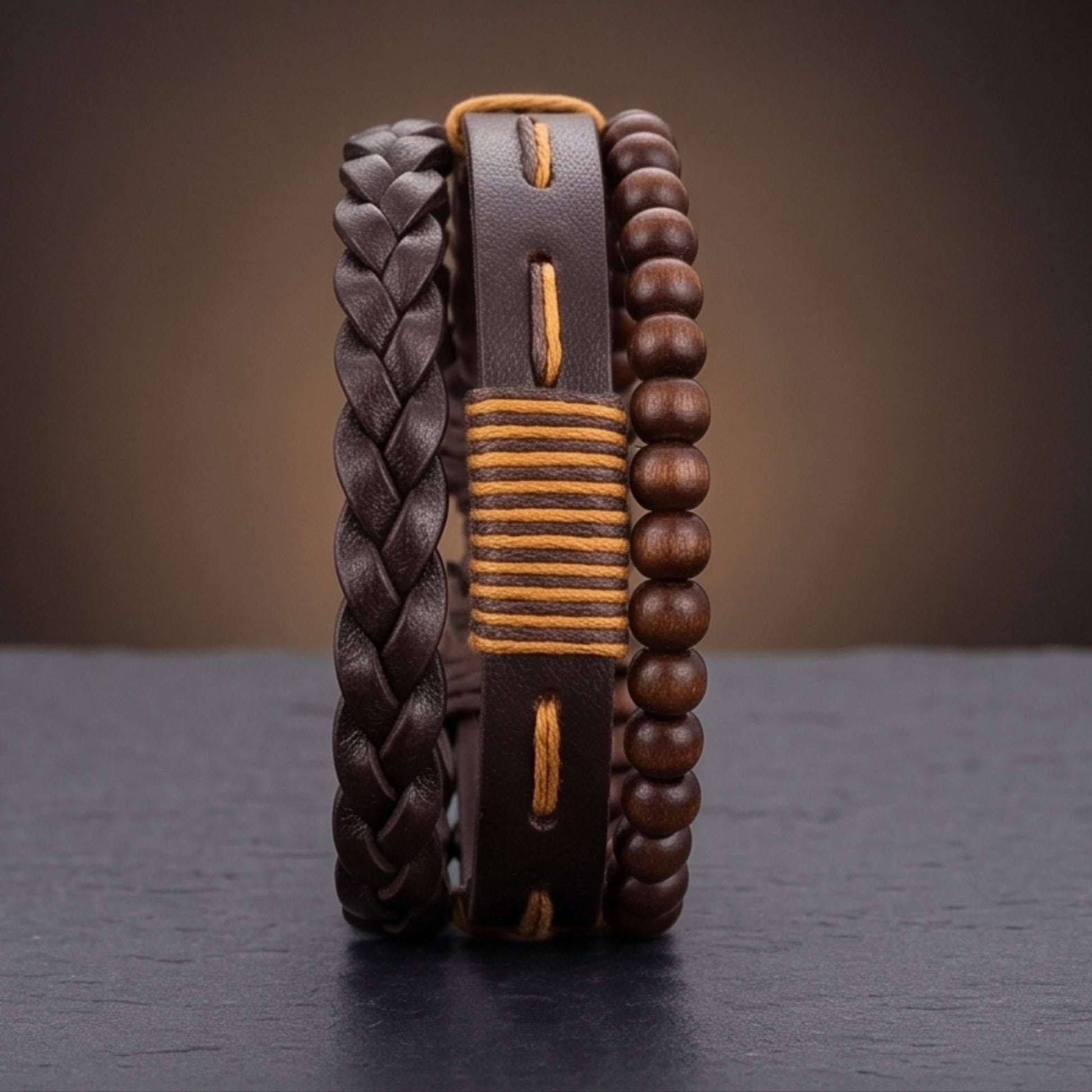 THE MEN THING Leather Bracelet OAK BRAID - 3Pcs Genuine Leather Adjustable Bracelets Set for Men & Boys