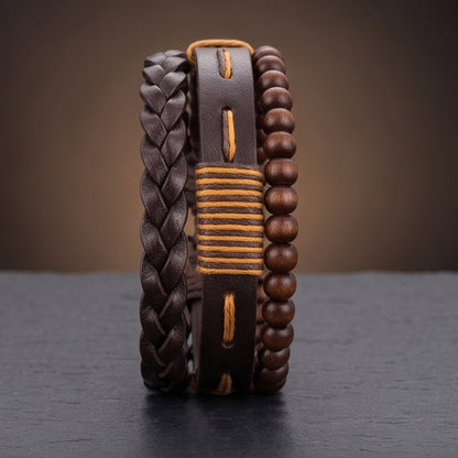 THE MEN THING Leather Bracelet OAK BRAID - 3Pcs Genuine Leather Adjustable Bracelets Set for Men & Boys