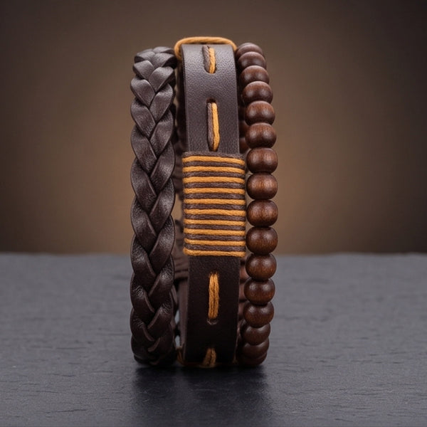 OAK BRAID - 3Pcs Genuine Leather Adjustable Bracelets Set for Men & Boys