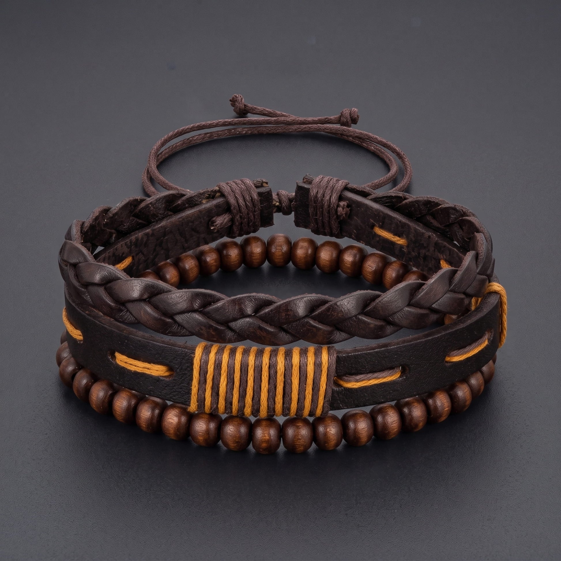 THE MEN THING Leather Bracelet OAK BRAID - 3Pcs Genuine Leather Adjustable Bracelets Set for Men & Boys
