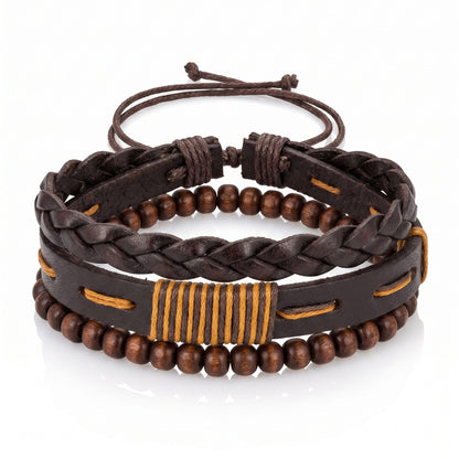 THE MEN THING Leather Bracelet OAK BRAID - 3Pcs Genuine Leather Adjustable Bracelets Set for Men & Boys