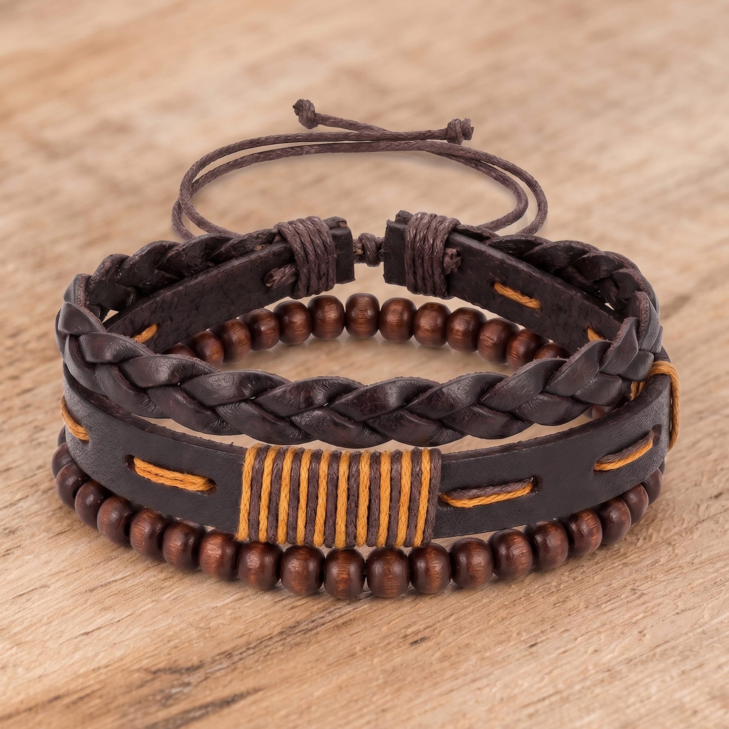 THE MEN THING Leather Bracelet OAK BRAID - 3Pcs Genuine Leather Adjustable Bracelets Set for Men & Boys
