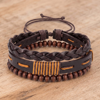 THE MEN THING Leather Bracelet OAK BRAID - 3Pcs Genuine Leather Adjustable Bracelets Set for Men & Boys