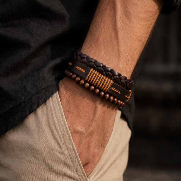 OAK BRAID - 3Pcs Genuine Leather Adjustable Bracelets Set for Men & Boys
