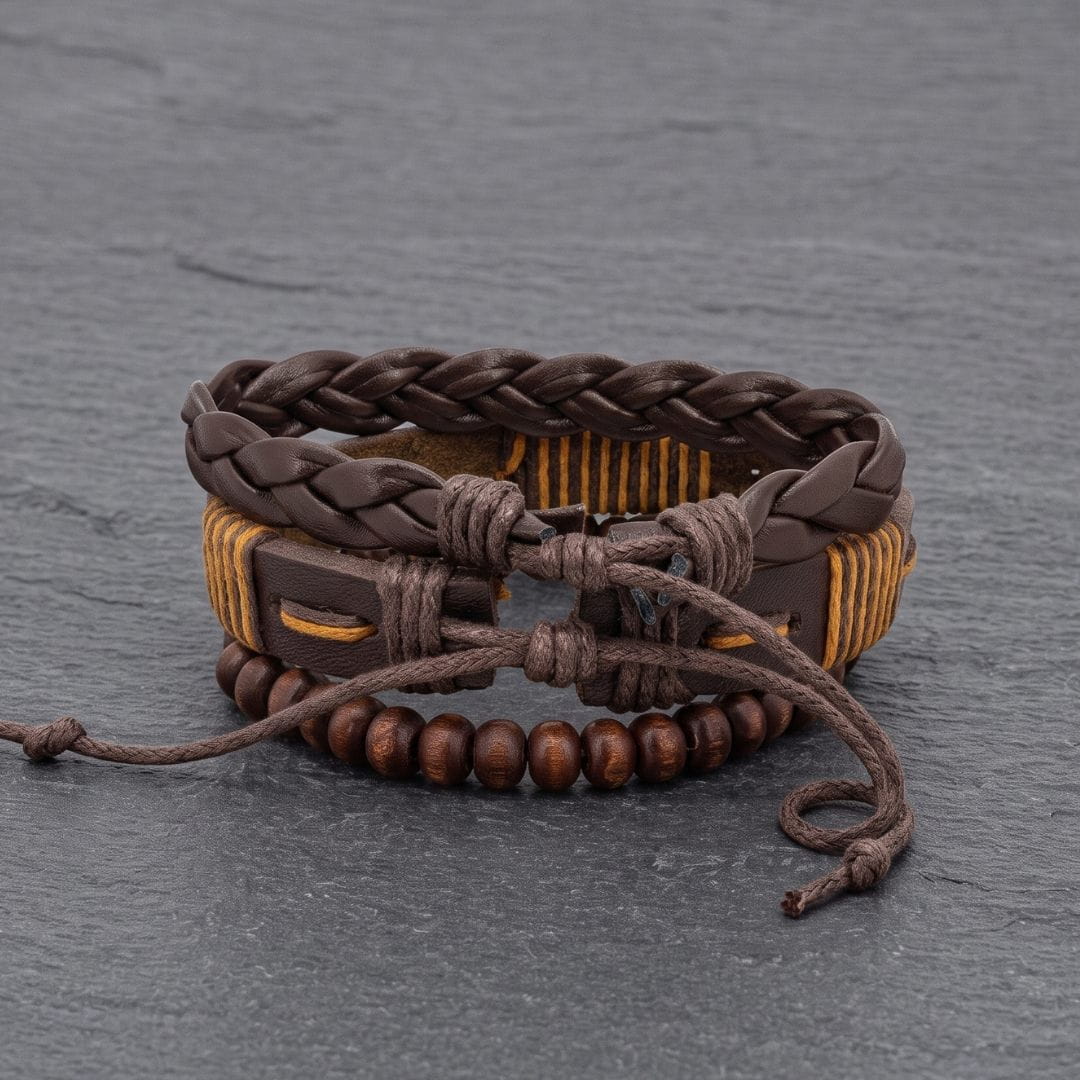 THE MEN THING Leather Bracelet OAK BRAID - 3Pcs Genuine Leather Adjustable Bracelets Set for Men & Boys