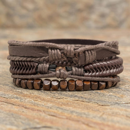 THE MEN THING Leather Bracelet OAKEN EDGE - 3Pcs Genuine Leather Adjustable Bracelets Set for Men & Boys