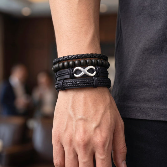 THE MEN THING Leather Bracelet OBSIDIAN INFINITY - 4 Pcs Genuine Braided Leather Adjustable Bracelets for Men & Boys