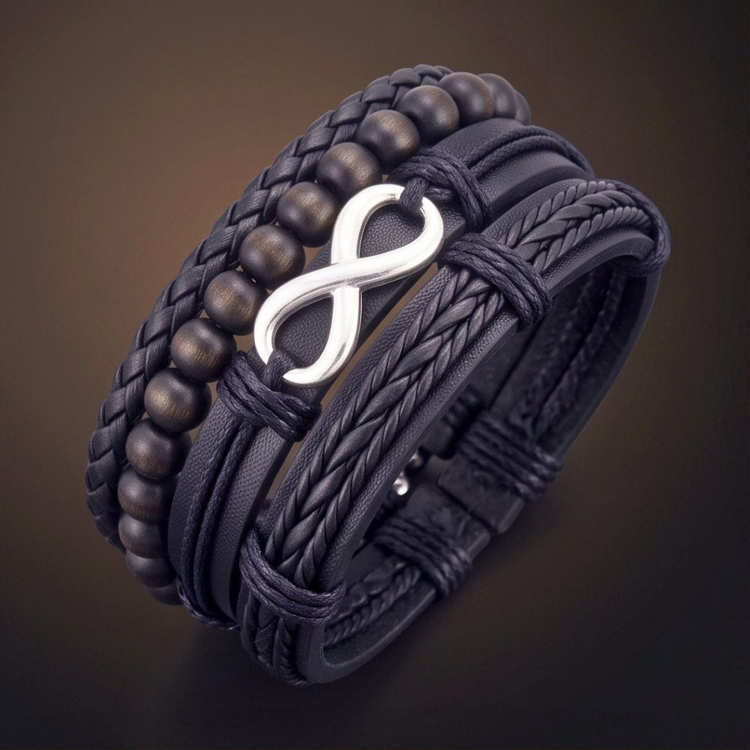 THE MEN THING Leather Bracelet OBSIDIAN INFINITY - 4 Pcs Genuine Braided Leather Adjustable Bracelets for Men & Boys