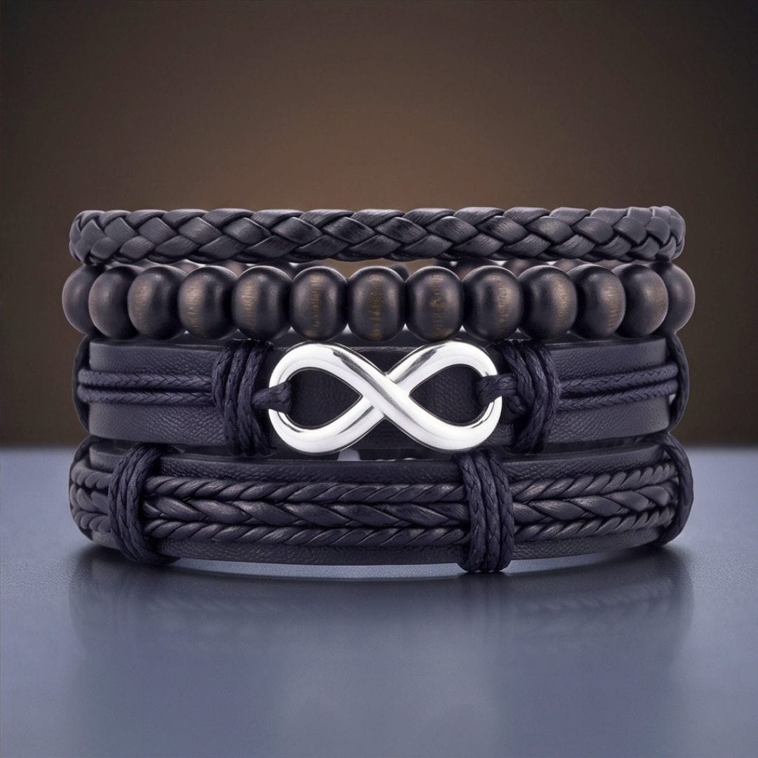 THE MEN THING Leather Bracelet OBSIDIAN INFINITY - 4 Pcs Genuine Braided Leather Adjustable Bracelets for Men & Boys