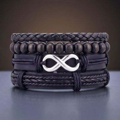 THE MEN THING Leather Bracelet OBSIDIAN INFINITY - 4 Pcs Genuine Braided Leather Adjustable Bracelets for Men & Boys