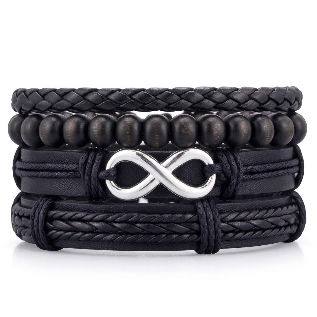 THE MEN THING Leather Bracelet OBSIDIAN INFINITY - 4 Pcs Genuine Braided Leather Adjustable Bracelets for Men & Boys