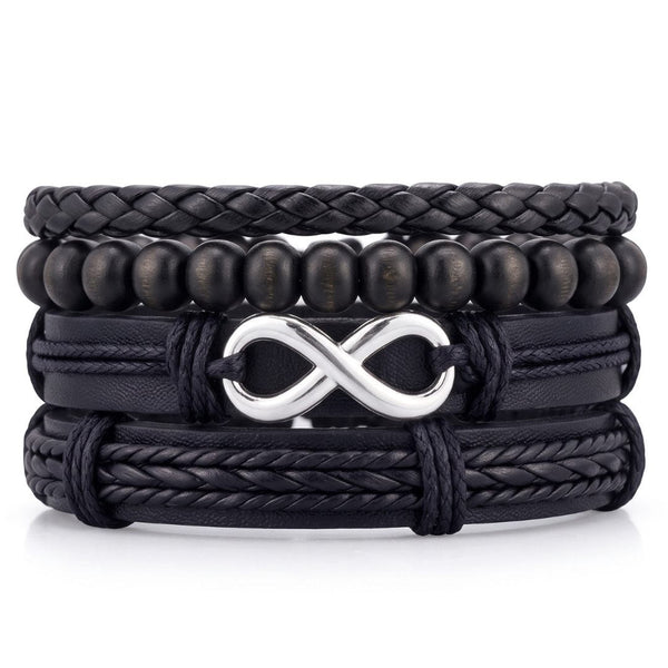 OBSIDIAN INFINITY - 4 Pcs Genuine Braided Leather Adjustable Bracelets for Men & Boys
