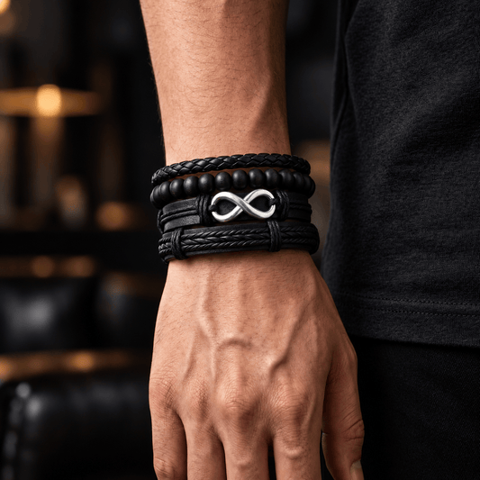 THE MEN THING Leather Bracelet OBSIDIAN INFINITY - 4 Pcs Genuine Braided Leather Adjustable Bracelets for Men & Boys