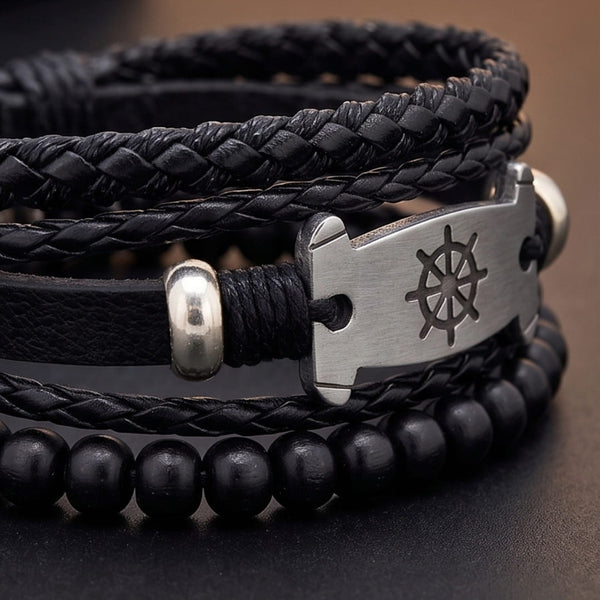 OCEAN COMMAND - 3Pcs Genuine Leather Adjustable Bracelets Set for Men & Boys
