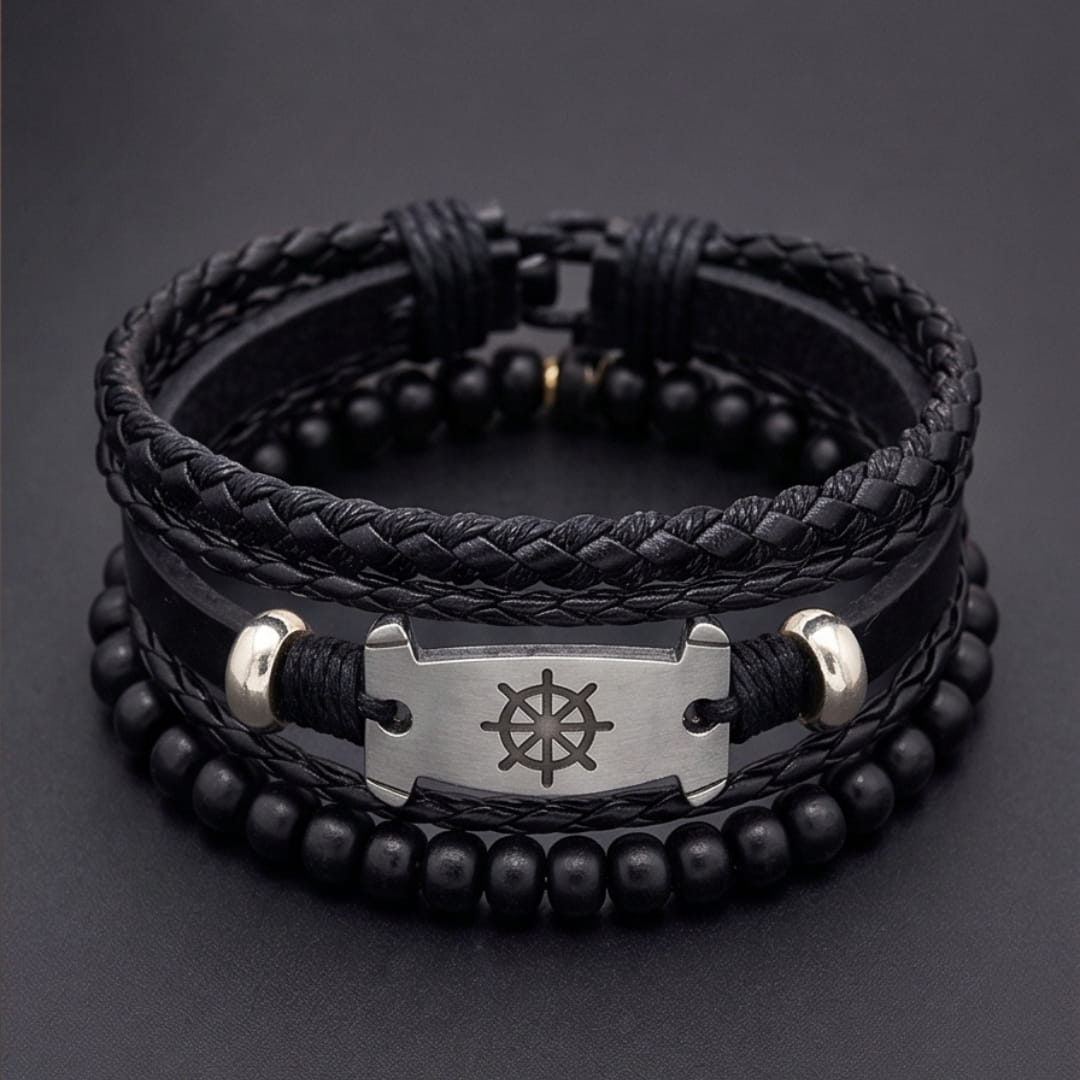 THE MEN THING Leather Bracelet OCEAN COMMAND - 3Pcs Genuine Leather Adjustable Bracelets Set for Men & Boys