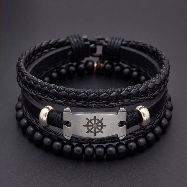 OCEAN COMMAND - 3Pcs Genuine Leather Adjustable Bracelets Set for Men & Boys