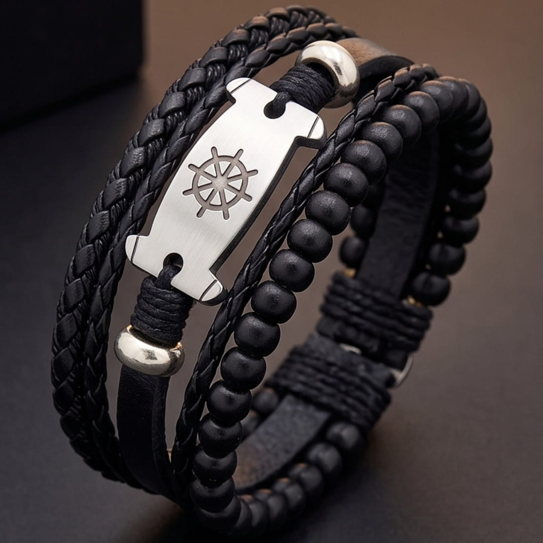 THE MEN THING Leather Bracelet OCEAN COMMAND - 3Pcs Genuine Leather Adjustable Bracelets Set for Men & Boys