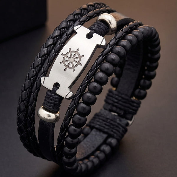 OCEAN COMMAND - 3Pcs Genuine Leather Adjustable Bracelets Set for Men & Boys