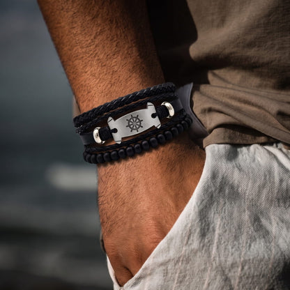 THE MEN THING Leather Bracelet OCEAN COMMAND - 3Pcs Genuine Leather Adjustable Bracelets Set for Men & Boys
