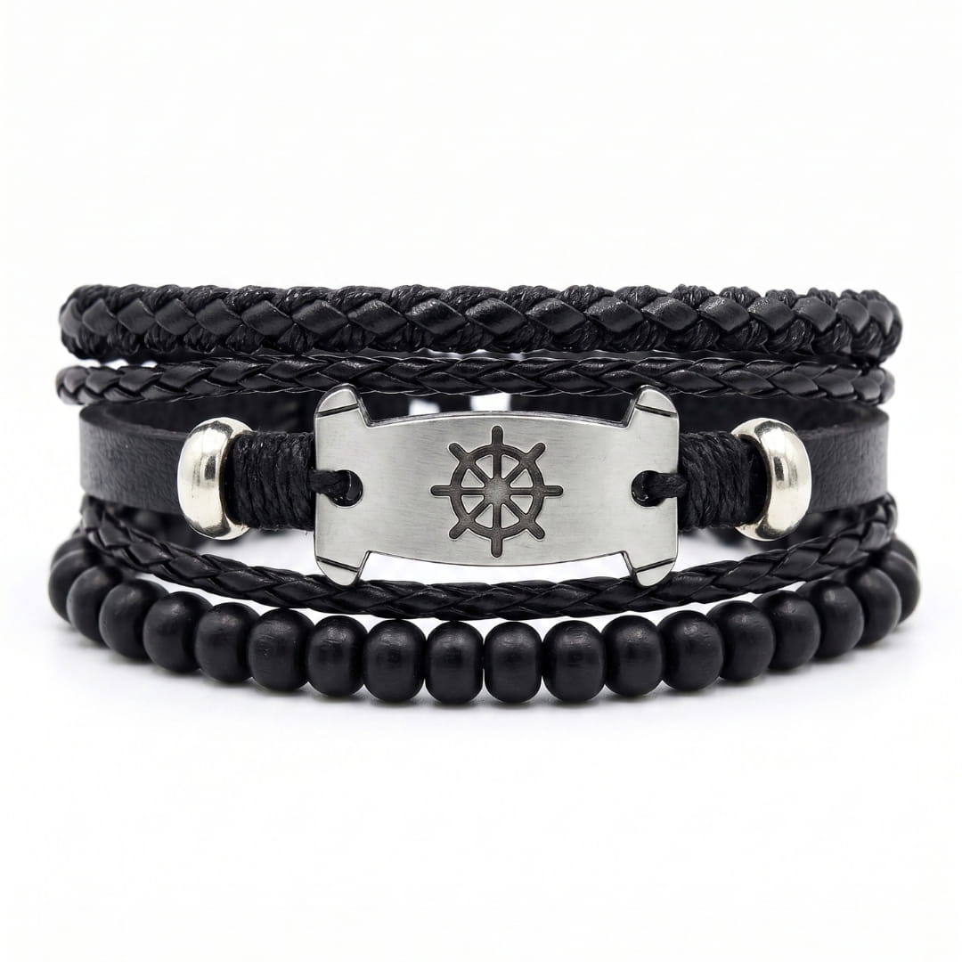THE MEN THING Leather Bracelet OCEAN COMMAND - 3Pcs Genuine Leather Adjustable Bracelets Set for Men & Boys