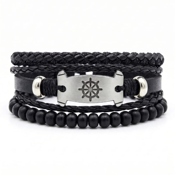 OCEAN COMMAND - 3Pcs Genuine Leather Adjustable Bracelets Set for Men & Boys