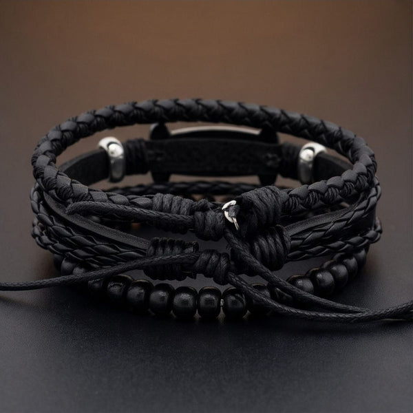 OCEAN COMMAND - 3Pcs Genuine Leather Adjustable Bracelets Set for Men & Boys