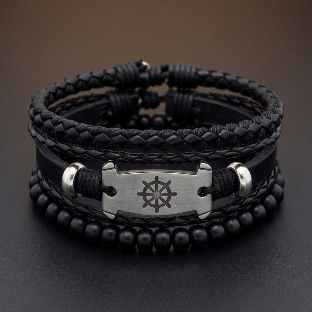 THE MEN THING Leather Bracelet OCEAN COMMAND - 3Pcs Genuine Leather Adjustable Bracelets Set for Men & Boys