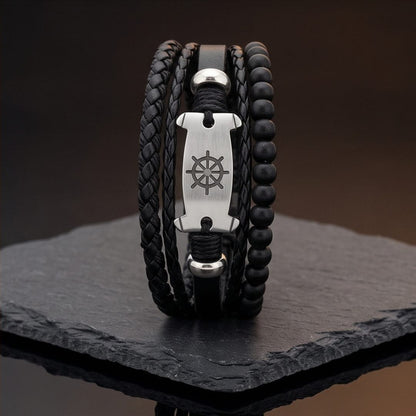 THE MEN THING Leather Bracelet OCEAN COMMAND - 3Pcs Genuine Leather Adjustable Bracelets Set for Men & Boys