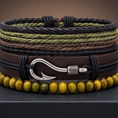 THE MEN THING Leather Bracelet OLIVE HOOK STACK - 3Pcs Genuine Leather Adjustable Bracelets Set for Men & Boys