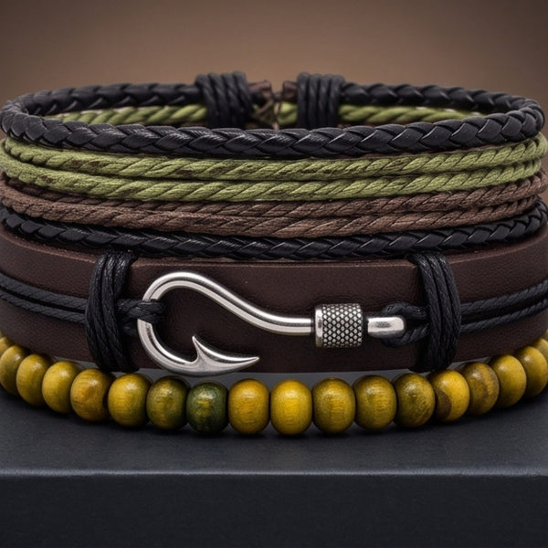 OLIVE HOOK STACK - 3Pcs Genuine Leather Adjustable Bracelets Set for Men & Boys