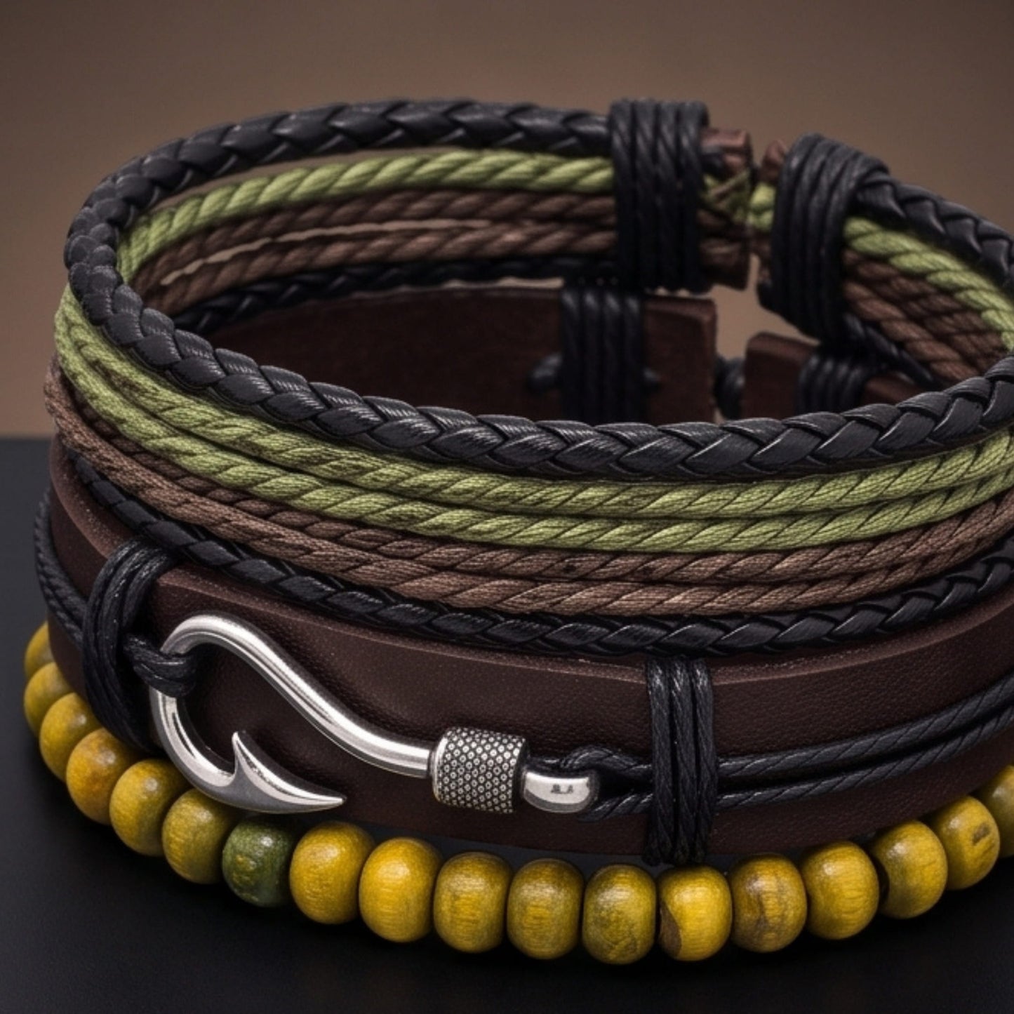 THE MEN THING Leather Bracelet OLIVE HOOK STACK - 3Pcs Genuine Leather Adjustable Bracelets Set for Men & Boys
