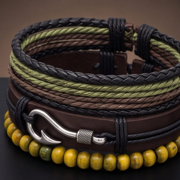 OLIVE HOOK STACK - 3Pcs Genuine Leather Adjustable Bracelets Set for Men & Boys