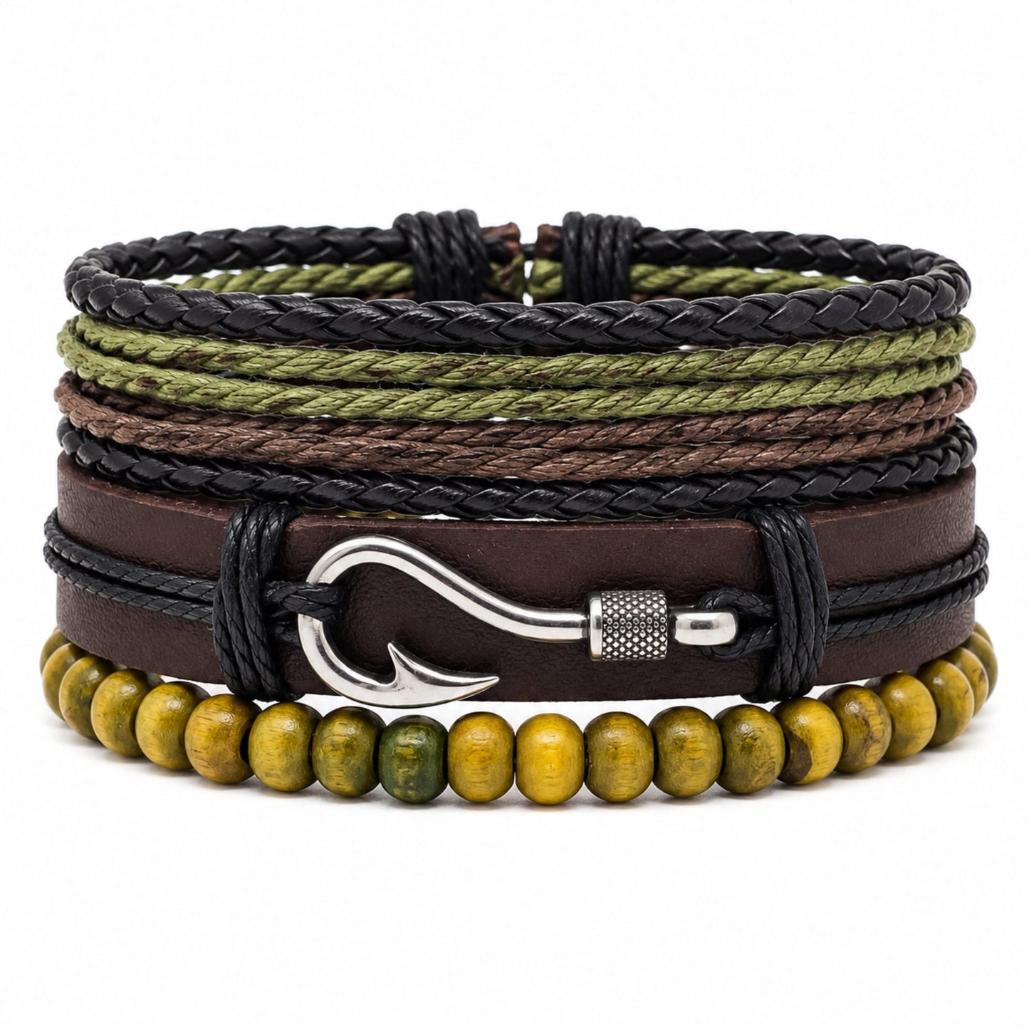 THE MEN THING Leather Bracelet OLIVE HOOK STACK - 3Pcs Genuine Leather Adjustable Bracelets Set for Men & Boys