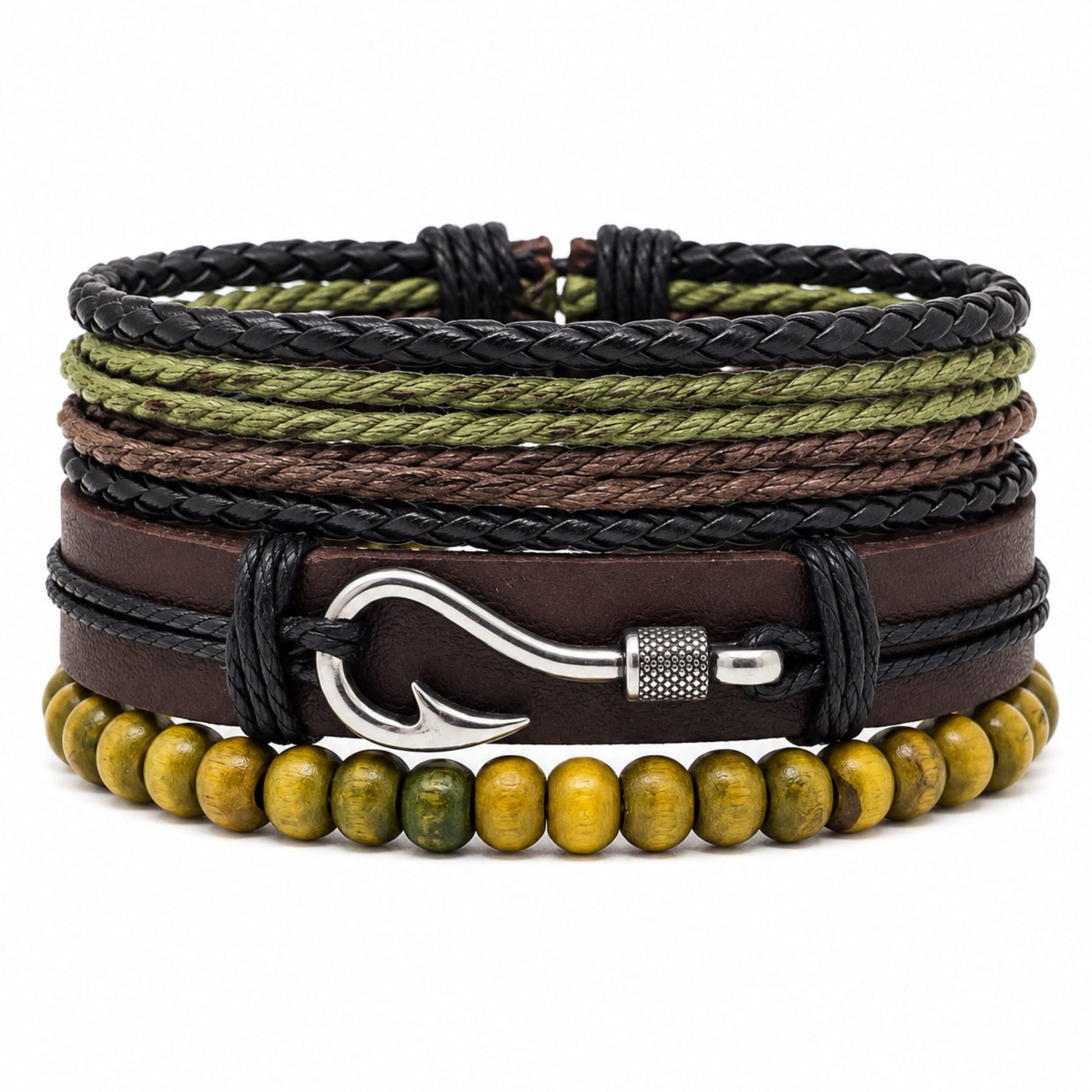 THE MEN THING Leather Bracelet OLIVE HOOK STACK - 3Pcs Genuine Leather Adjustable Bracelets Set for Men & Boys