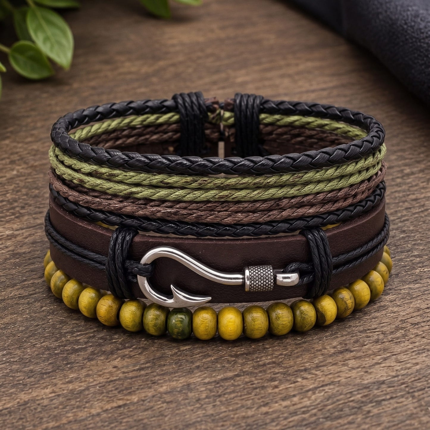 THE MEN THING Leather Bracelet OLIVE HOOK STACK - 3Pcs Genuine Leather Adjustable Bracelets Set for Men & Boys