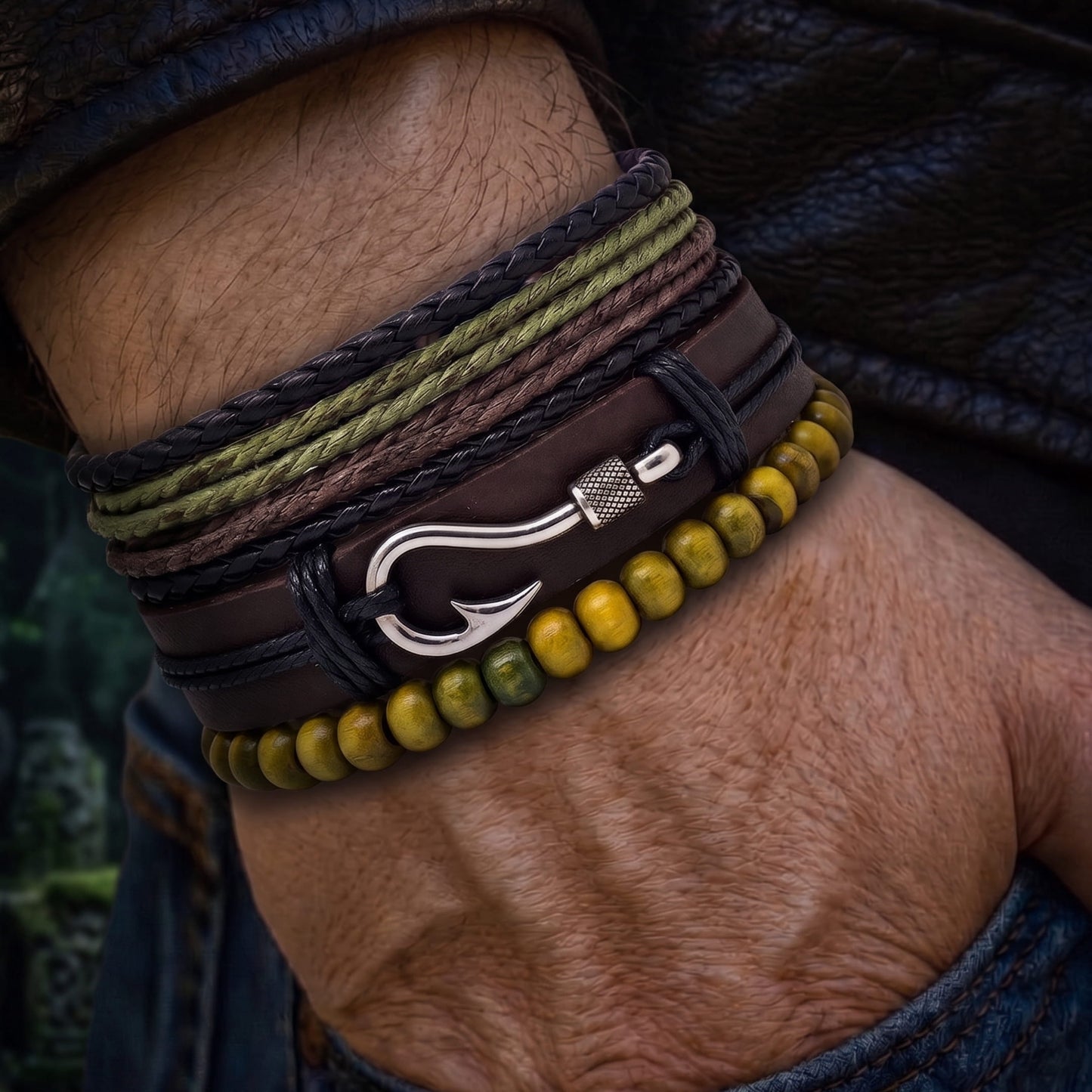 THE MEN THING Leather Bracelet OLIVE HOOK STACK - 3Pcs Genuine Leather Adjustable Bracelets Set for Men & Boys