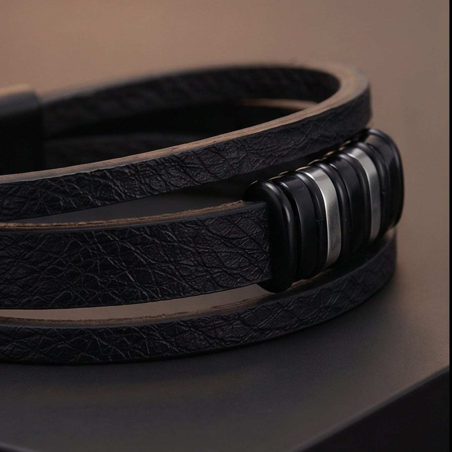 THE MEN THING Leather Bracelet ONYX BARS - 22mm Genuine Leather Multi-Layer Bracelet with Stainless Steel Magnetic Buckle for Men & Boys (8 inch)