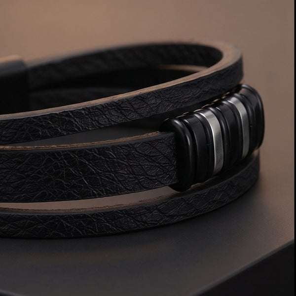 ONYX BARS - 22mm Genuine Leather Multi-Layer Bracelet with Stainless Steel Magnetic Buckle for Men & Boys (8 inch)