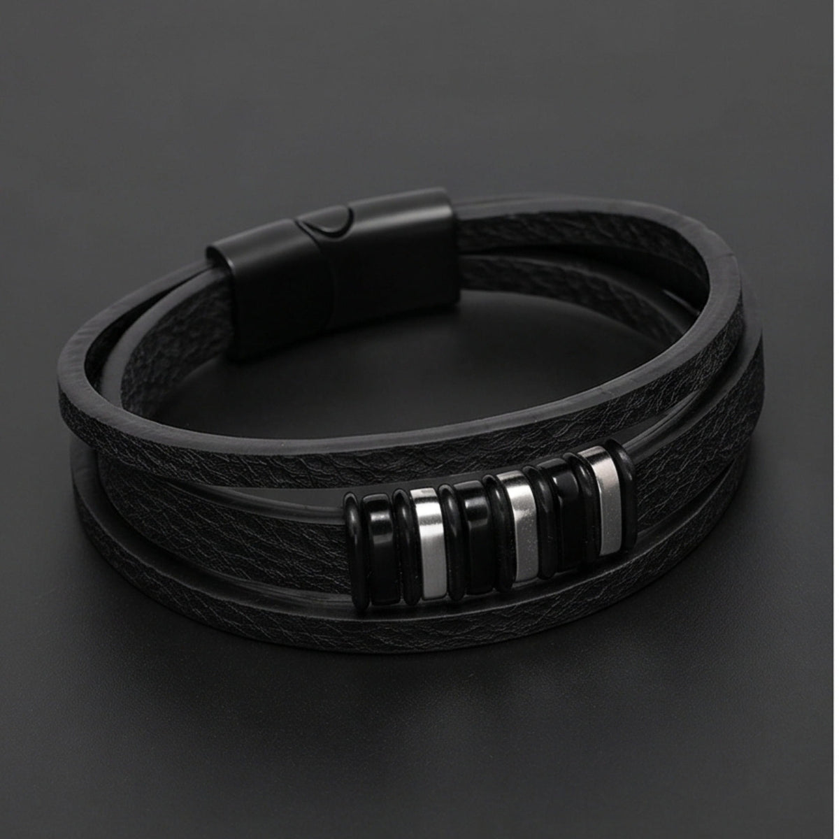THE MEN THING Leather Bracelet ONYX BARS - 22mm Genuine Leather Multi-Layer Bracelet with Stainless Steel Magnetic Buckle for Men & Boys (8 inch)