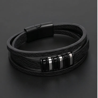 THE MEN THING Leather Bracelet ONYX BARS - 22mm Genuine Leather Multi-Layer Bracelet with Stainless Steel Magnetic Buckle for Men & Boys (8 inch)