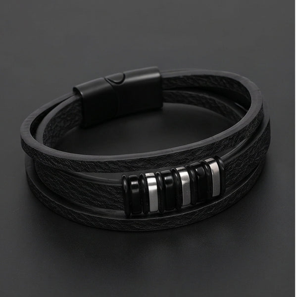 ONYX BARS - 22mm Genuine Leather Multi-Layer Bracelet with Stainless Steel Magnetic Buckle for Men & Boys (8 inch)