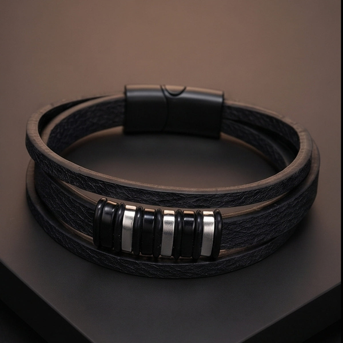 THE MEN THING Leather Bracelet ONYX BARS - 22mm Genuine Leather Multi-Layer Bracelet with Stainless Steel Magnetic Buckle for Men & Boys (8 inch)