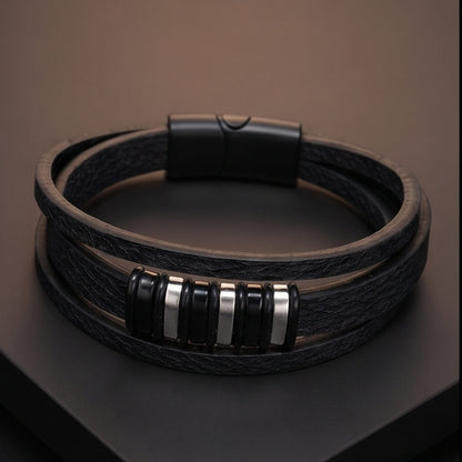 THE MEN THING Leather Bracelet ONYX BARS - 22mm Genuine Leather Multi-Layer Bracelet with Stainless Steel Magnetic Buckle for Men & Boys (8 inch)